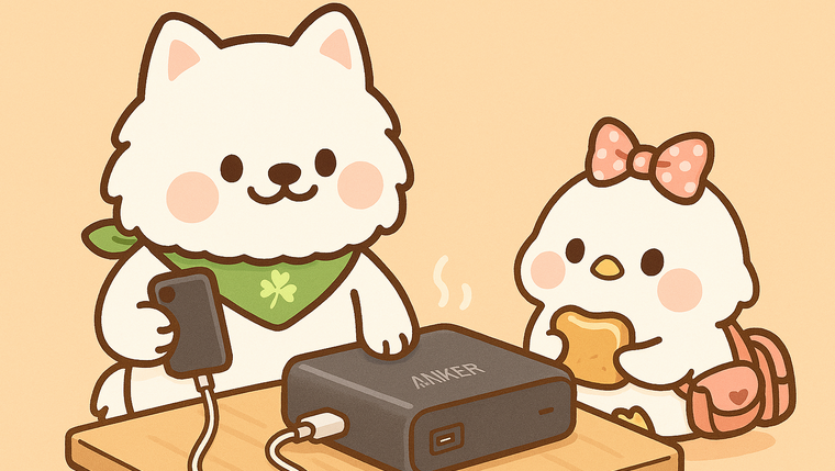 Ankerモバイルバッテリーを使うサモエドとシマエナガ