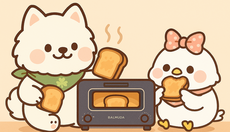 バルミューダトースターを使うサモエドとシマエナガ